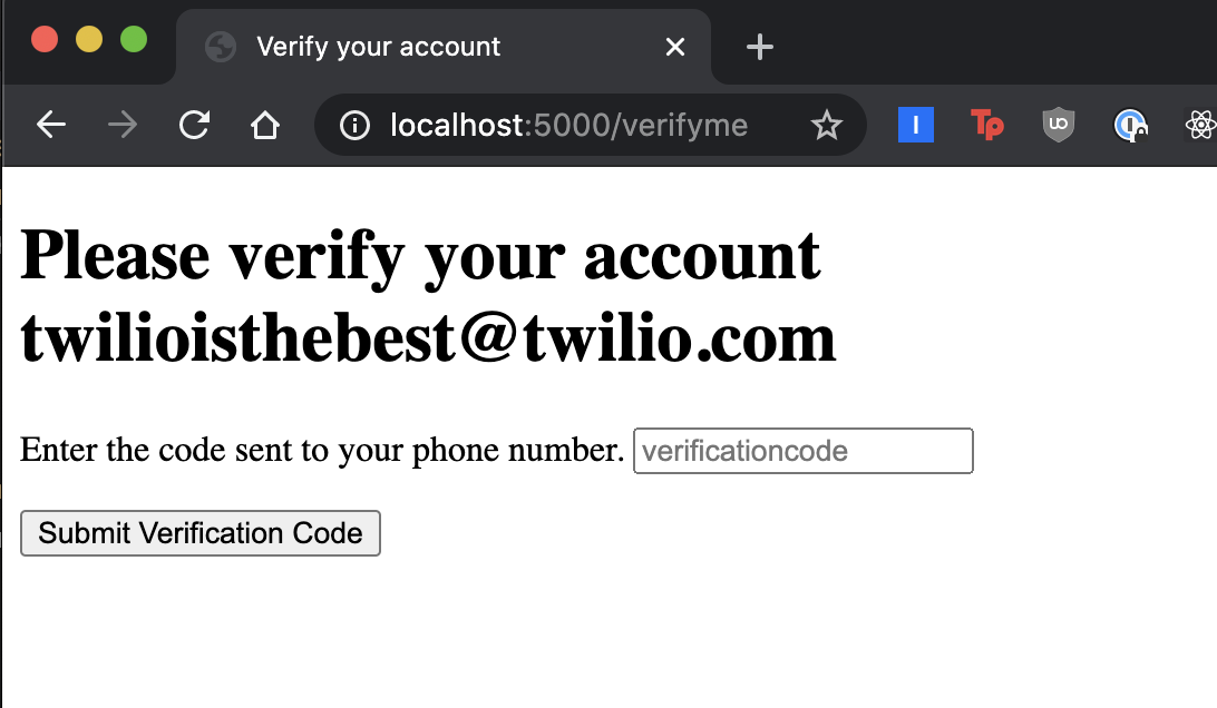 screenshot of localhost:5000 "verifyme" page prompting the user to submit their verification code