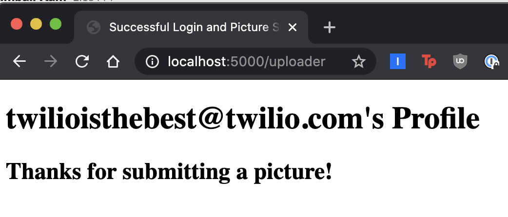 screenshot of localhost:5000 "uploader" page indicating the success of the uploaded file
