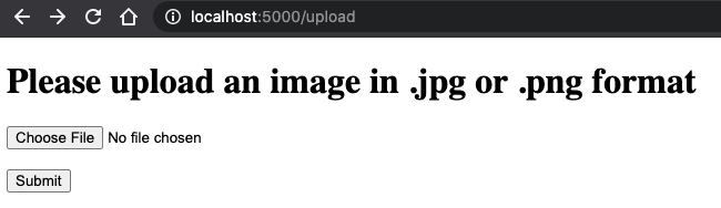 screenshot of localhost:5000 "upload" page telling the user to please upload an image in .jpg or .png format