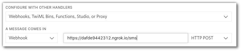 screenshot of setting the "when a message comes in" webhook in the Twilio console.