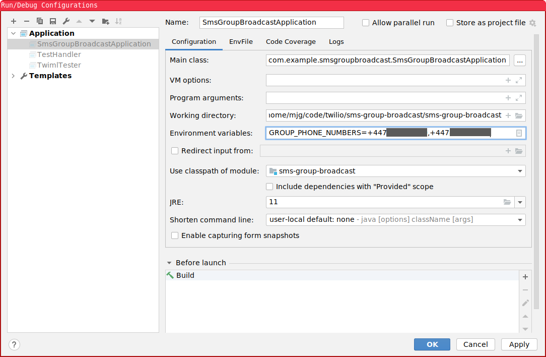 Screenshot showing how to set environment variables in IntelliJ IDEA