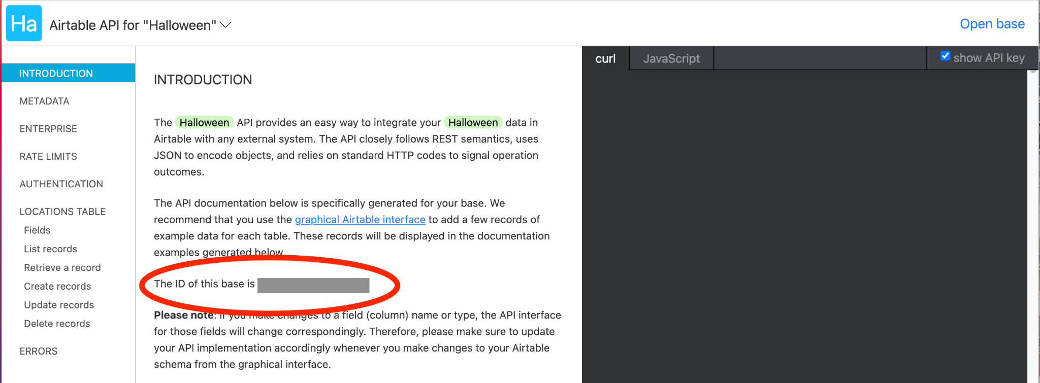 Screenshot showing airtable documentation with base id circled