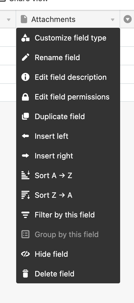 screenshot showing field dropdown menu