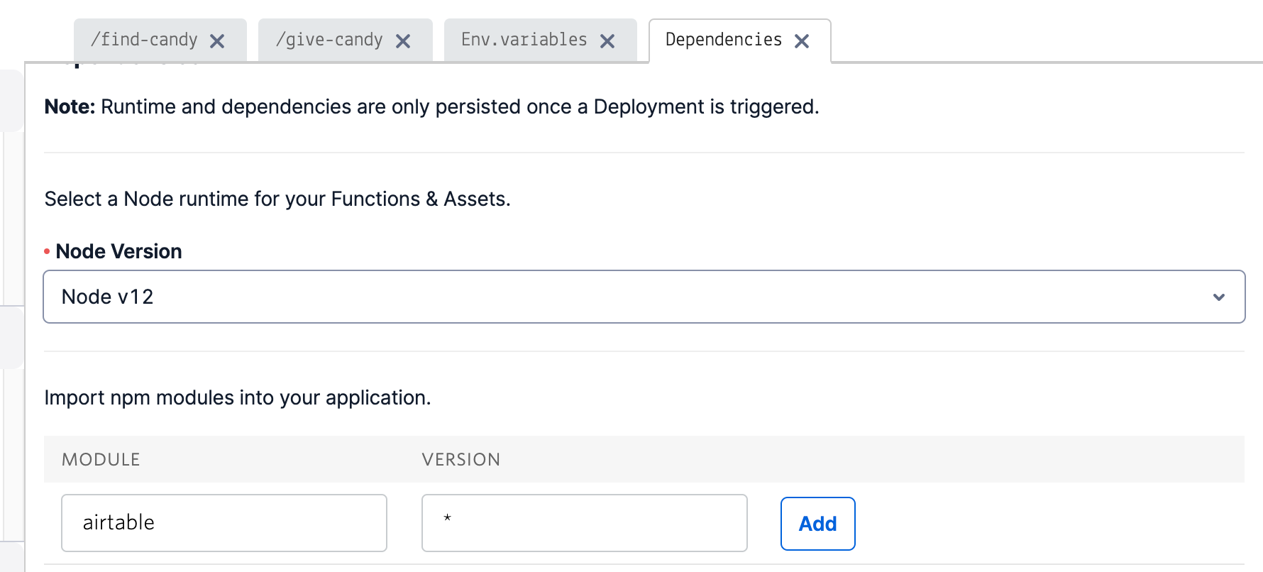 Screenshot showing dependencies editor in twilio functions editor