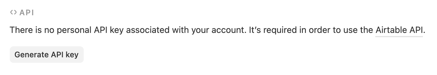 screenshot of airtable account page with generate api key button