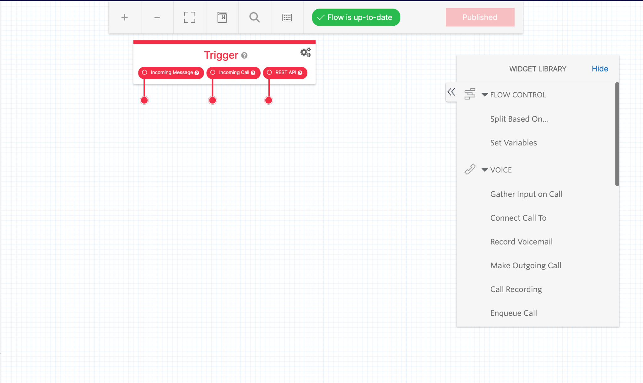 screenshot showing blank studio flow canvas with menu along the top and widget editor on the right