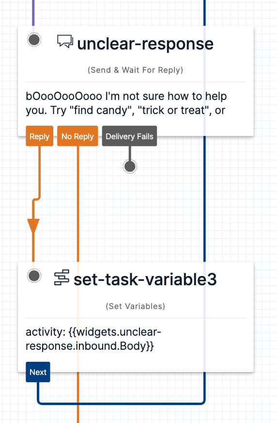 Screenshot showing set-task-variable3 widget below unclear-response widget