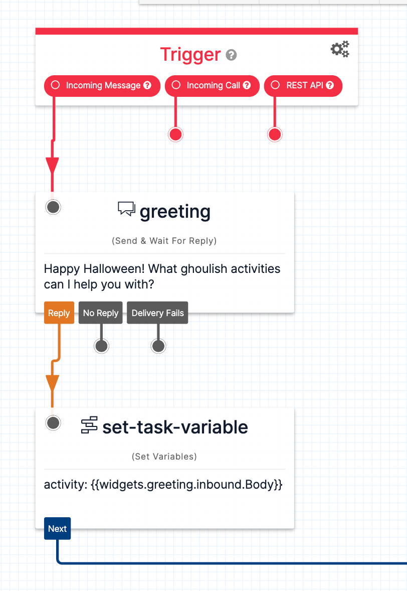 Screenshot showing trigger, reply, and variable storage widgets