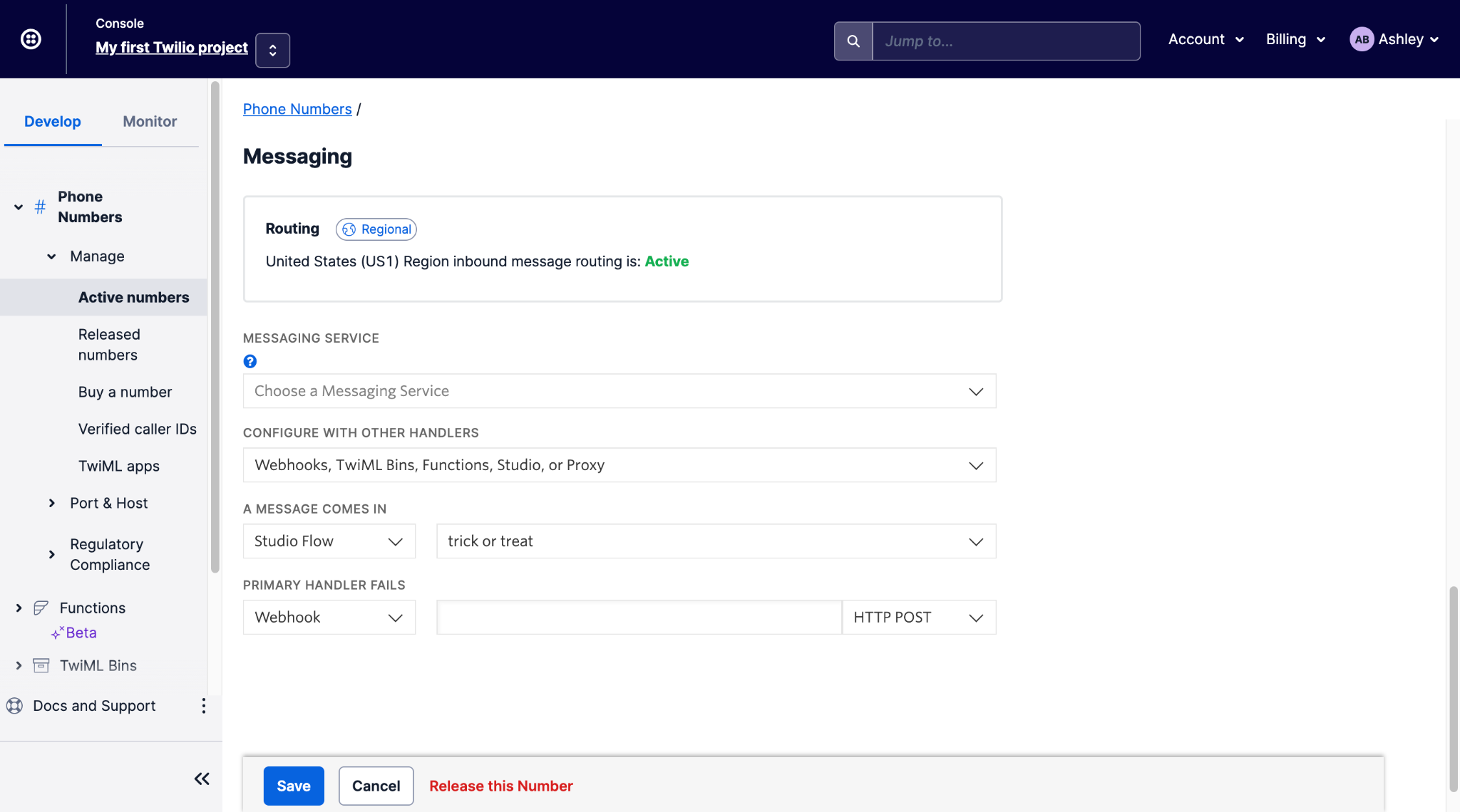 screenshot showing messaging configuration section for the phone number in the twilio console