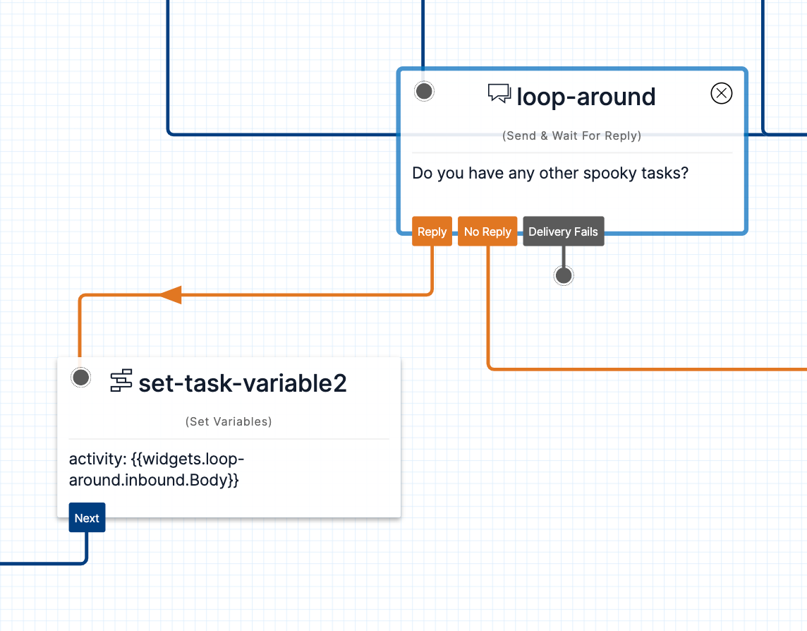 Screenshot showing set-task-variable2 widget below loop-around widget