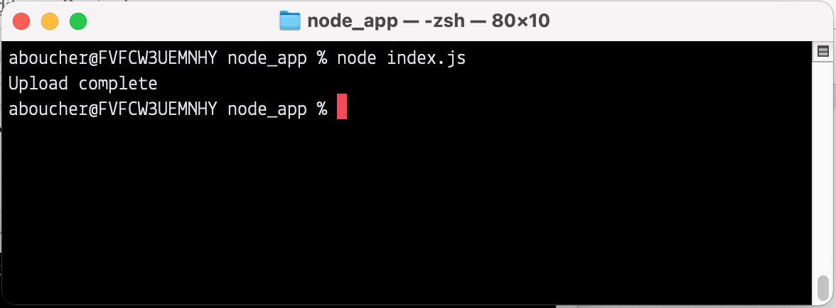 Screenshot showing upload complete message in console from node app