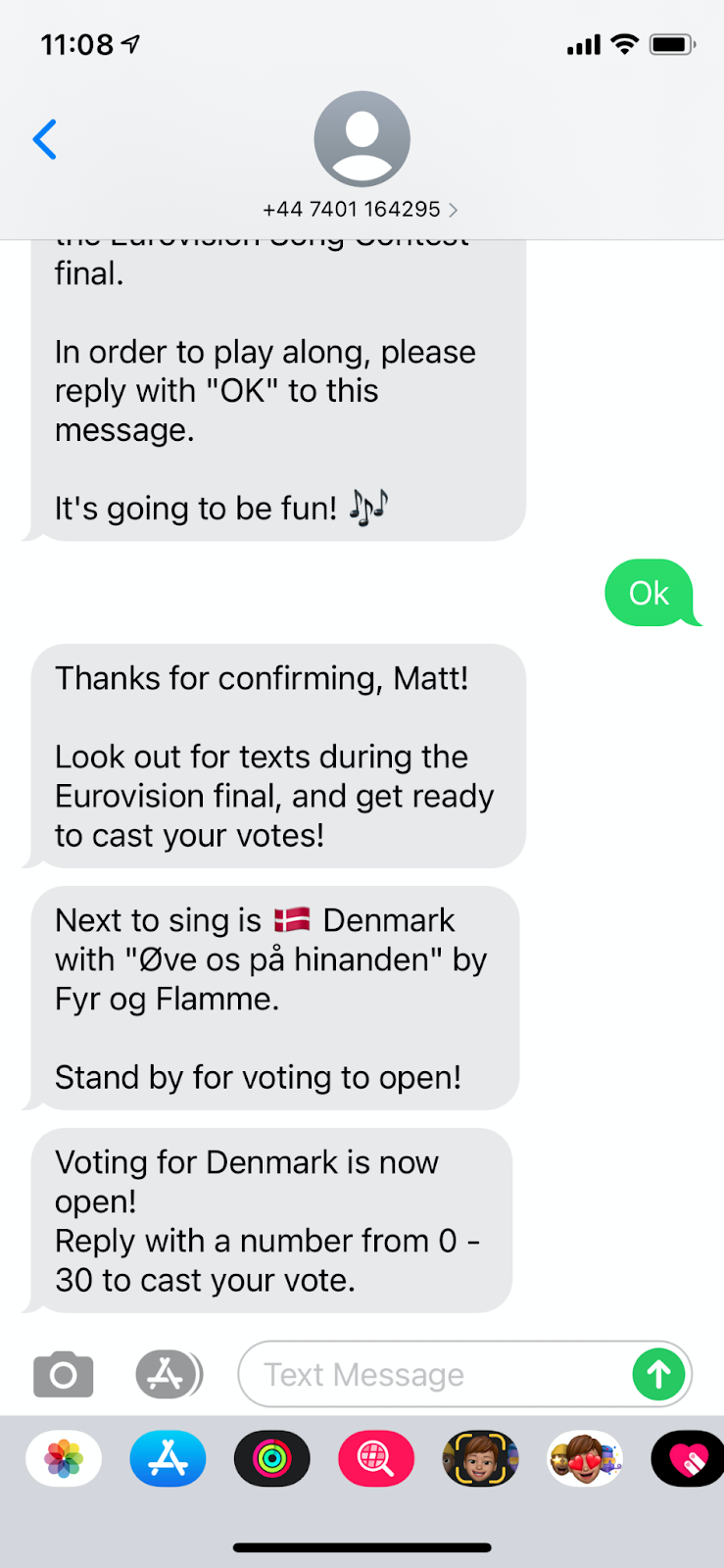 SMS telling you the voting is now open and you can reply with anything between 0 and 30