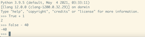 True and False operation in Python 3.9.5 shell