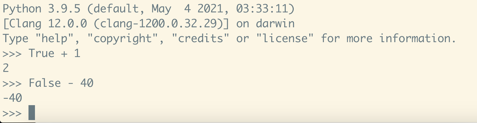 A Python 3.9.5 shell displaying arithmetic with the True and False values