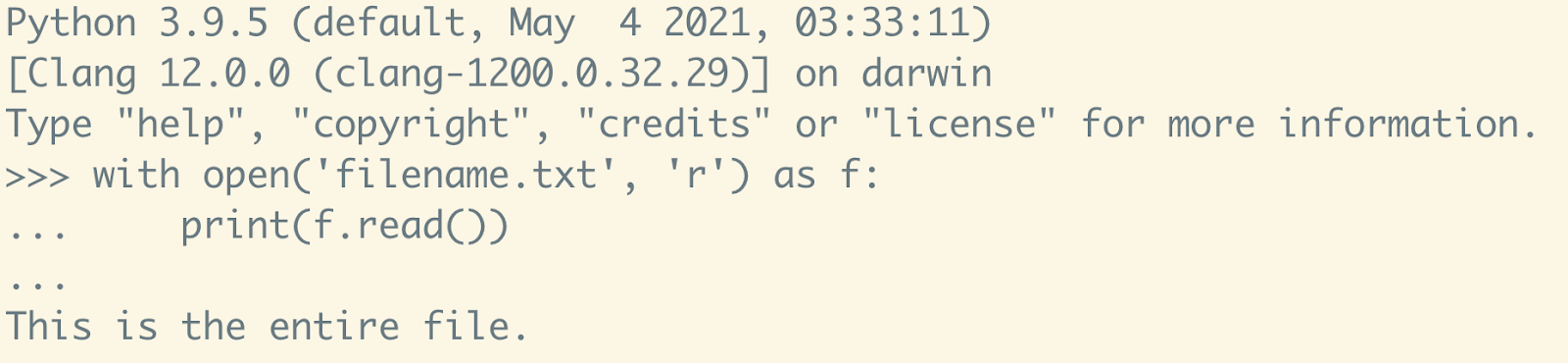 A Python 3.9.5 shell displaying code for reading from a file