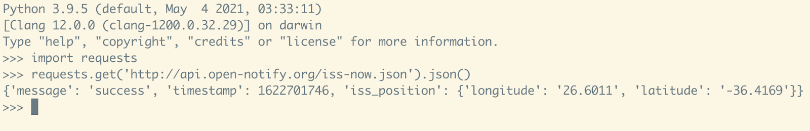 A Python 3.9.5 shell displaying code for making an HTTP request to the ISS Open Notify API