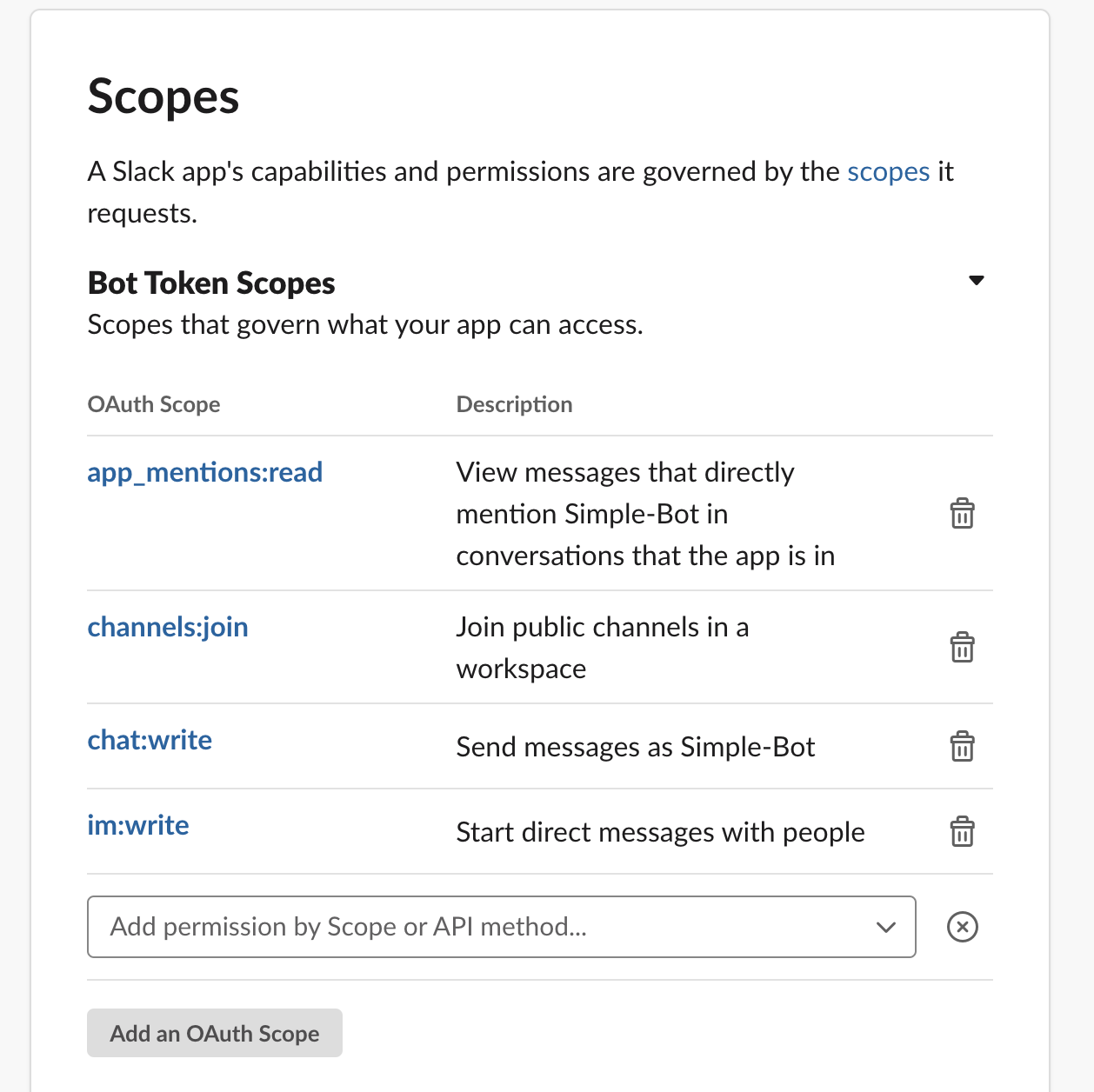 list of scopes required for the slackbot