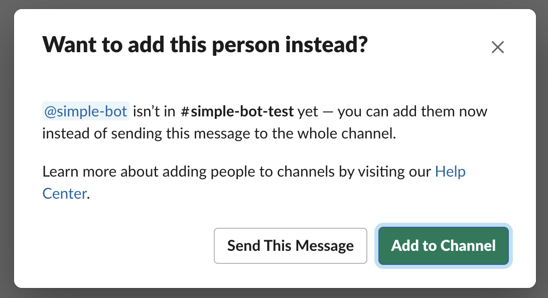 request permissions to add the simple-bot slackbot to the slack channel