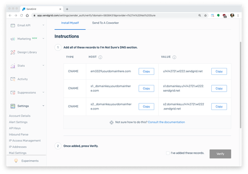The screen with all of your DNS information in SendGrid&#x27;s settings