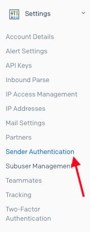 Sender Authentication selection in the SendGrid settings