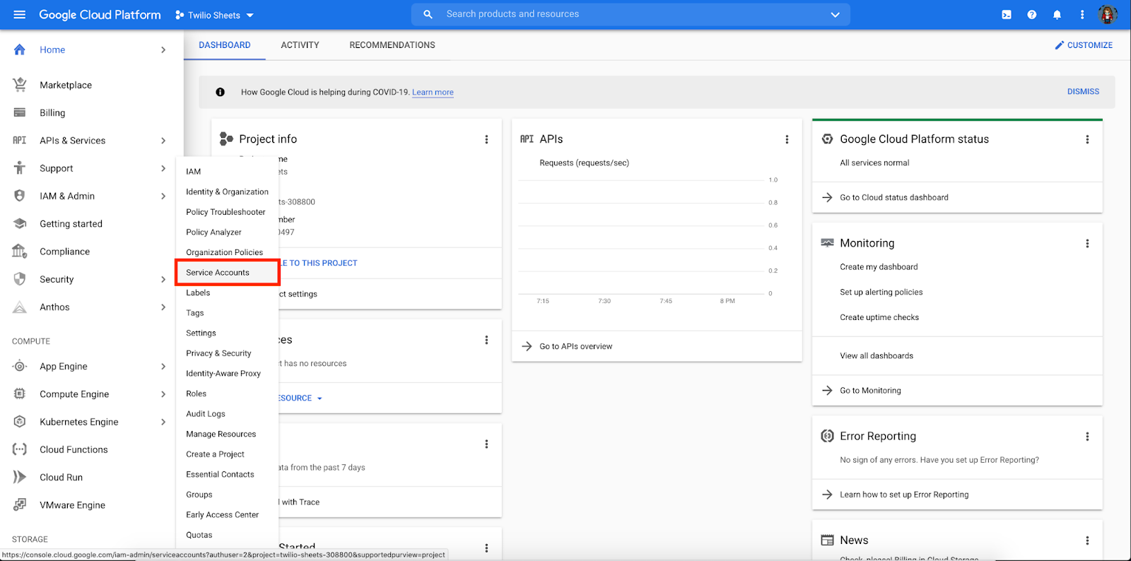 Navigating to Service Accounts