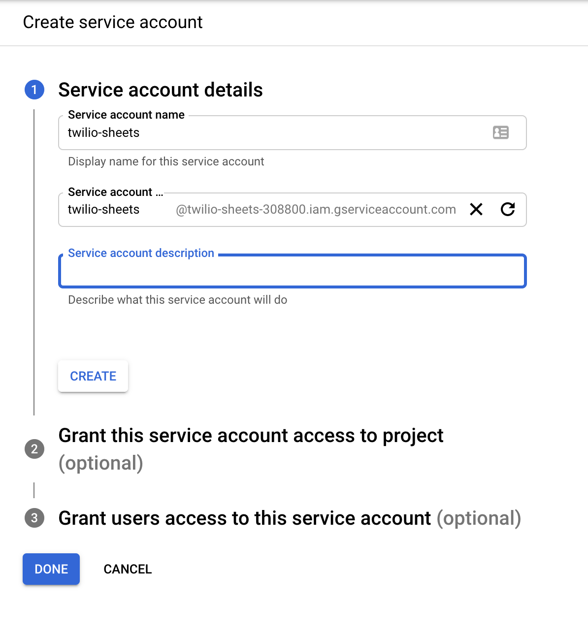 Service account details