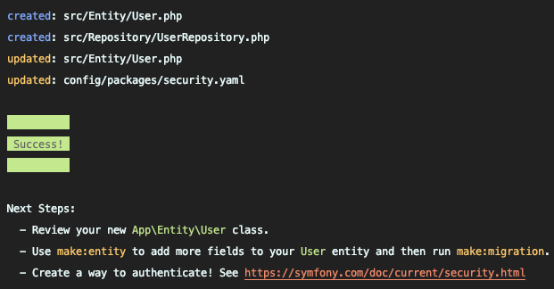 Console output from using the Symfony make command to create a new User entity