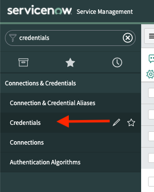 A screenshot of the Connections & Credentials navigation bar in the ServiceNow dashboard