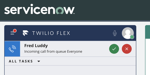 A screenshot of the Twilio Flex UI within the ServiceNow dashboard