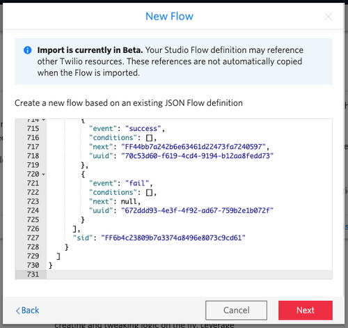 A screenshot of the New Flow JSON definition