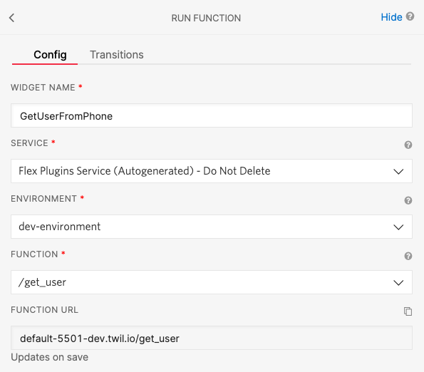 A screenshot of the Run Function configuration window