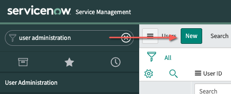 A screenshot of the User Administration navigation bar in the ServiceNow dashboard