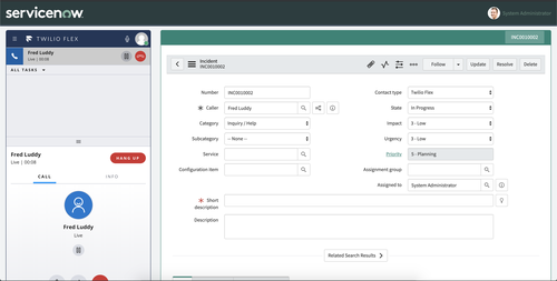 A screenshot of the Twilio Flex UI within the ServiceNow dashboard showing a new incident