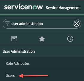 A screenshot of the User Administration navigation bar in the ServiceNow dashboard