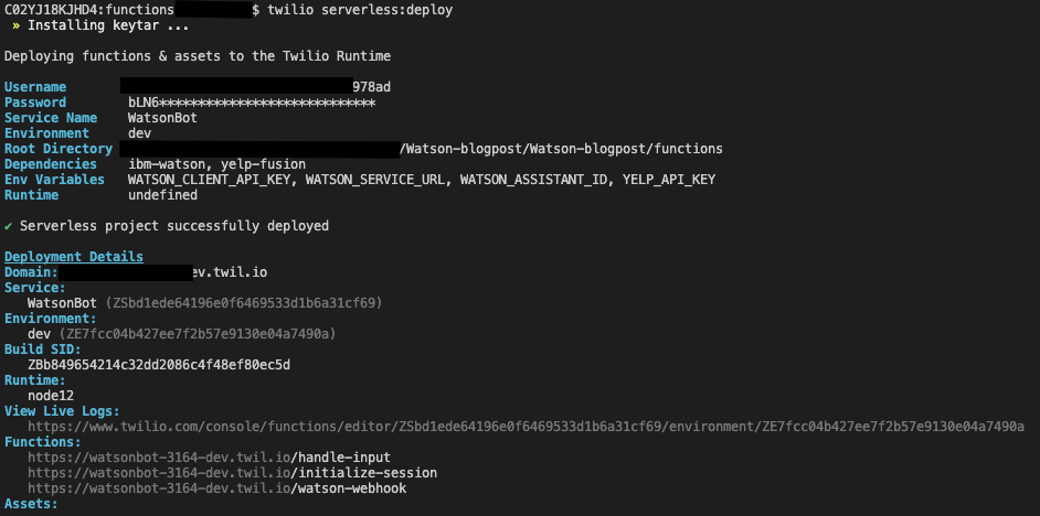 Console screenshot running the serverless command