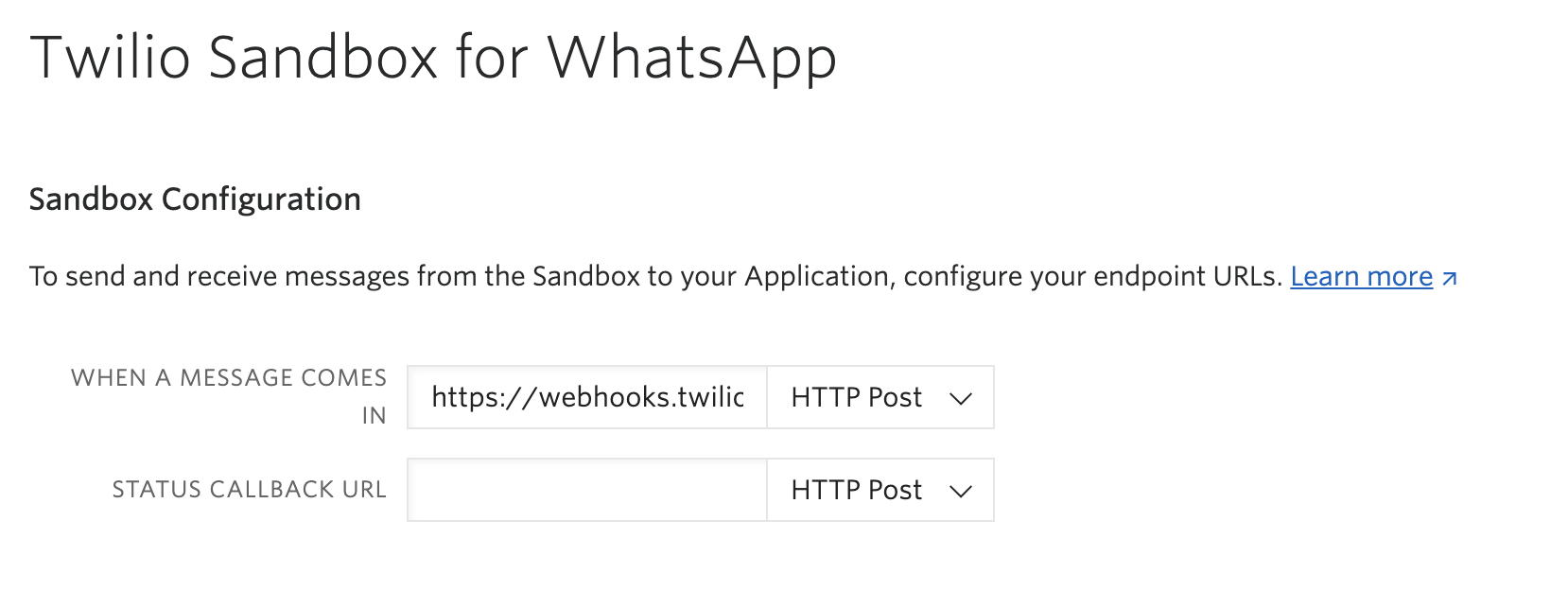 Setting a webhook in the Twilio Sandbox for WhatsApp