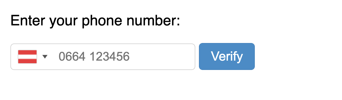 phone number input showing the austrian flag