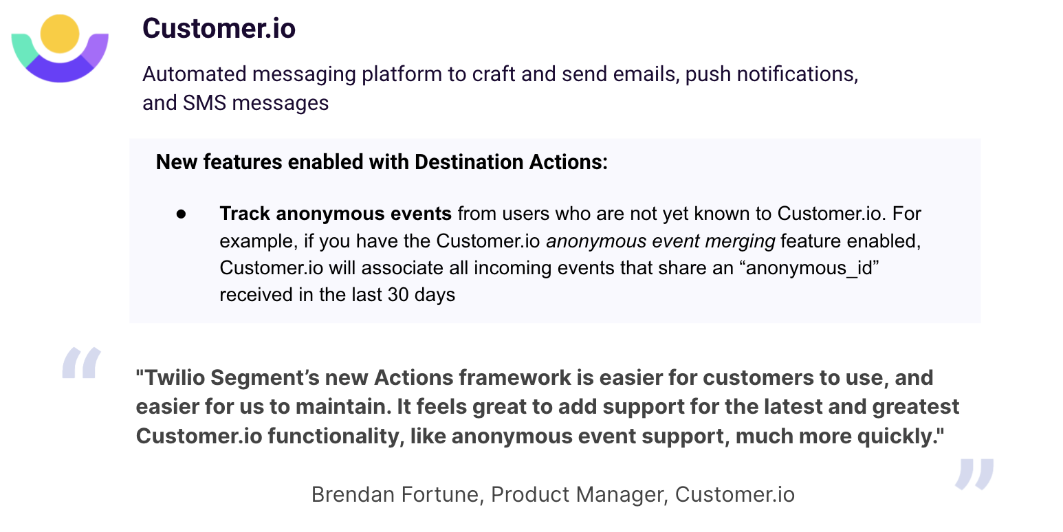 Customer.io features Segment Destinations