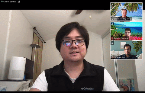 GIF image of a participant in a video chat room switching among various virtual backgrounds