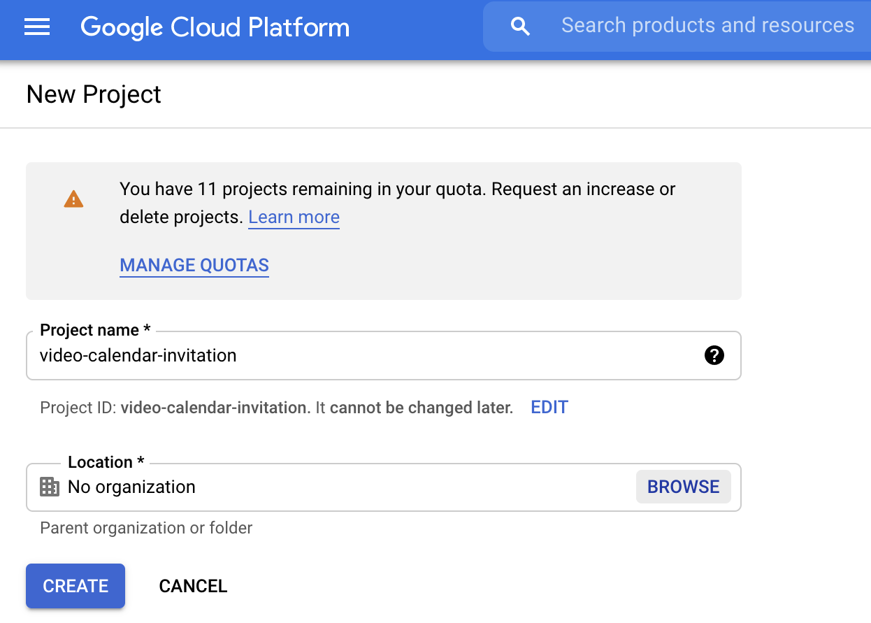 Form for creating a new Google Cloud project