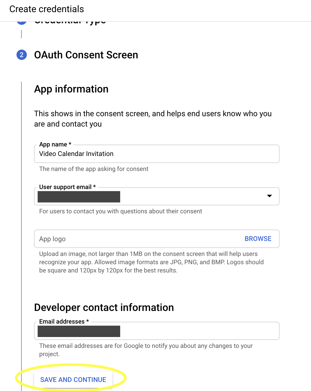 OAuth Consent Screen setup screen, with "Video Calendar Invitation" in the App name field.