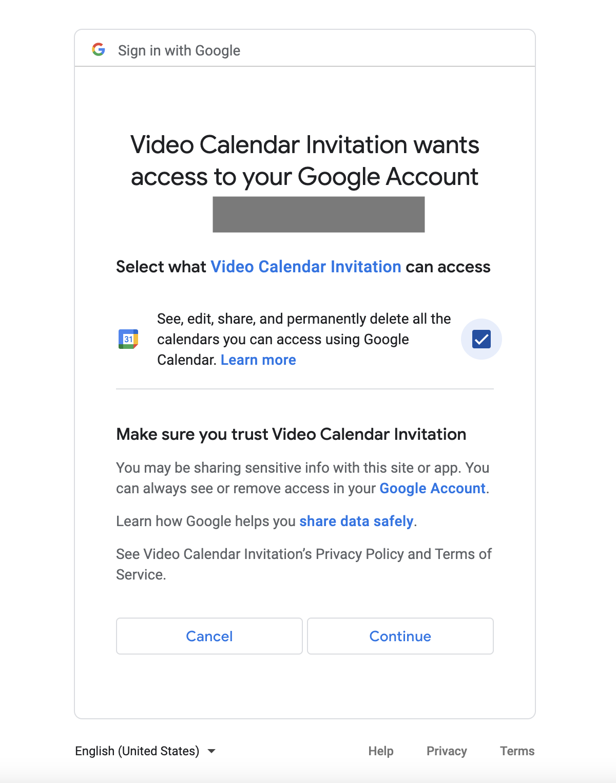 Google consent form, prompting the user to allow access to their Google account and calendar data