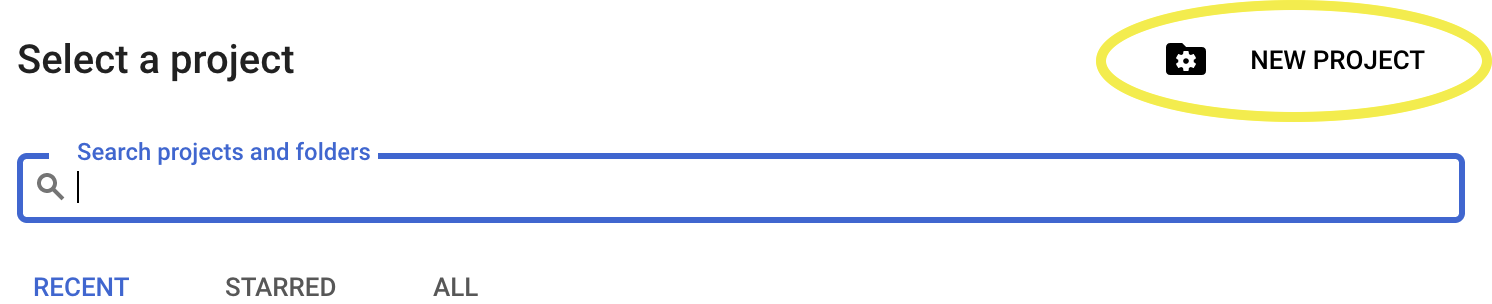 "Select a project" screen, with "New Project" button circled in yellow.