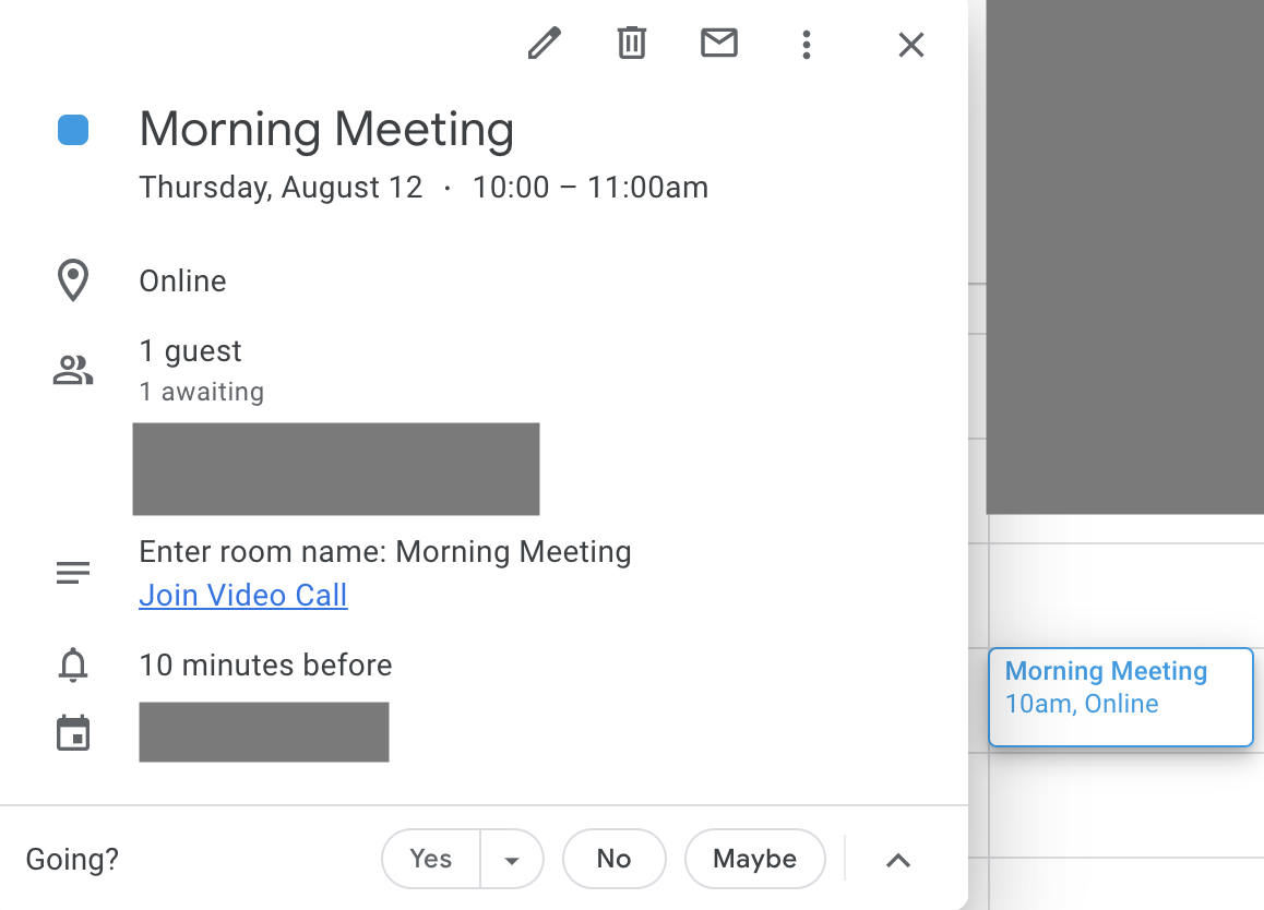 Google Calendar event for "Morning Meeting", with a link to a Twilio Video application