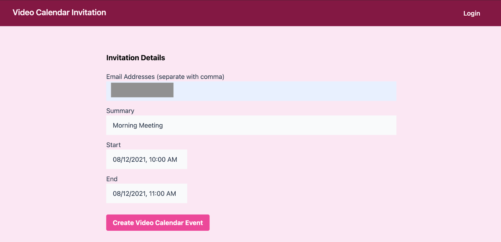 Filled out calendar event form, with Morning Meeting as the summary. Start and end times have been selected.