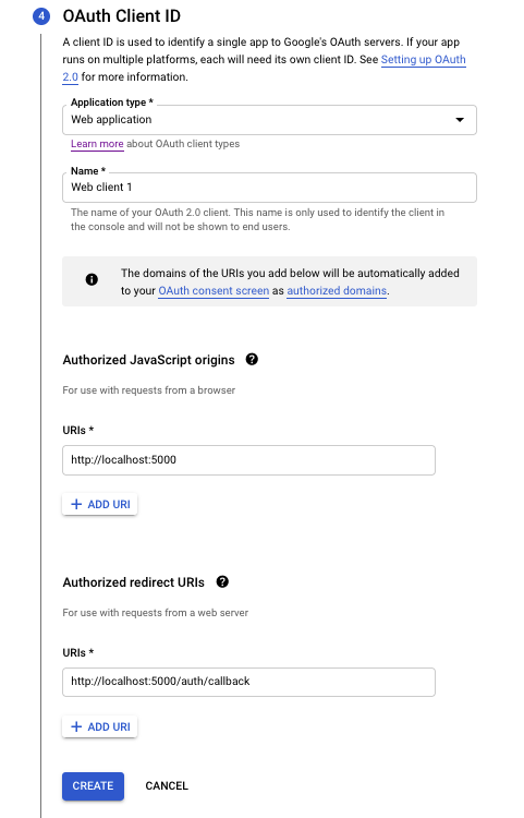 Setup screen for OAuth client ID