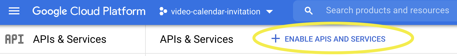 Google Cloud Console, with "Enable APIs and Services" button circled in yellow.