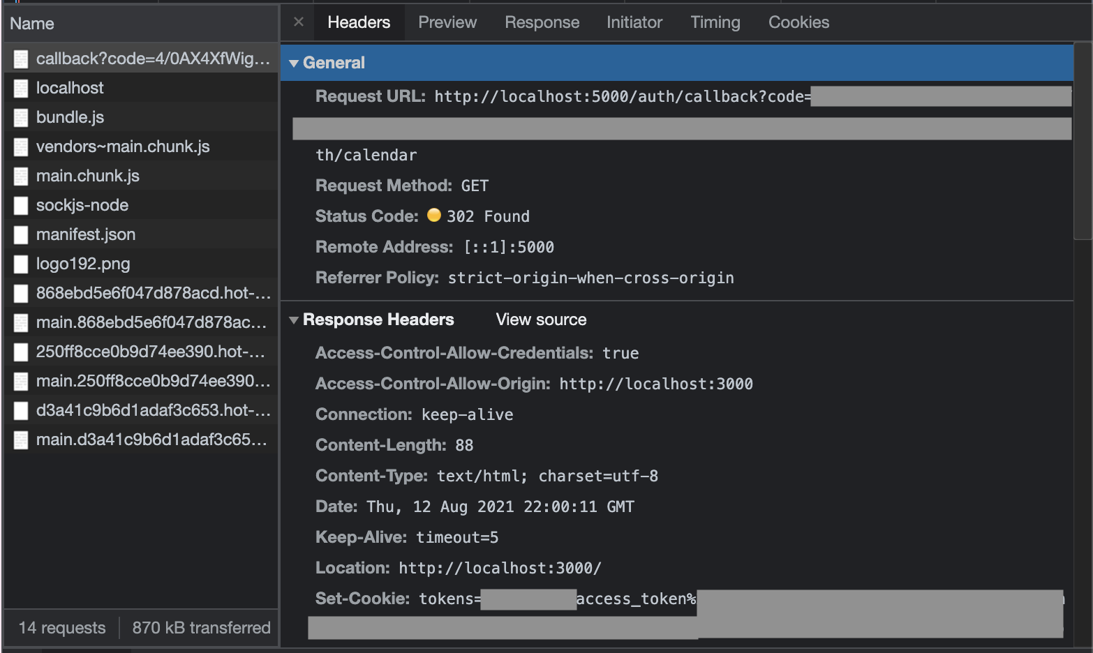 Developer tools Network panel, showing response headers from /callback endpoint