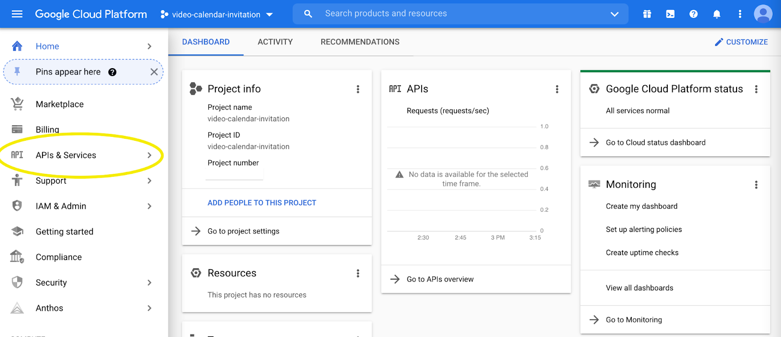 Screenshot of Google Cloud Console, with "APIs & Services" menu item circled in yellow.
