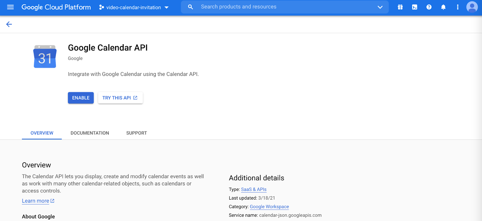 Details page for Google Calendar API